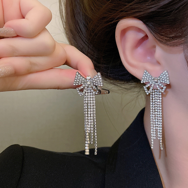 跨境熱銷復古鑲鑽蝴蝶結耳環女銀針小眾高級感耳飾個性百搭耳釘