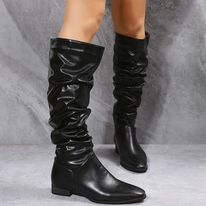 Herbst neue große Größe spitze Zehen Blockabsatz einfache Damen Casual Ritterstiefel_voghion.com