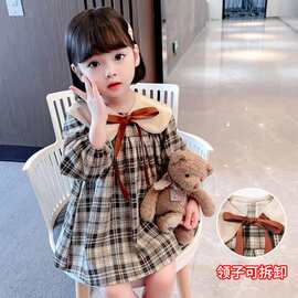 韩国女童连衣裙春秋2025新款洋气中小童撞色娃娃领森系公主格子裙