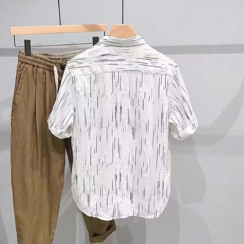 Men's Clothing Men's Summer Thin Linen Shirt Floral Print 5/8 Sleeves Breathable Trendy All-Linen Shirt For Formal & Casual_viptrois.com
