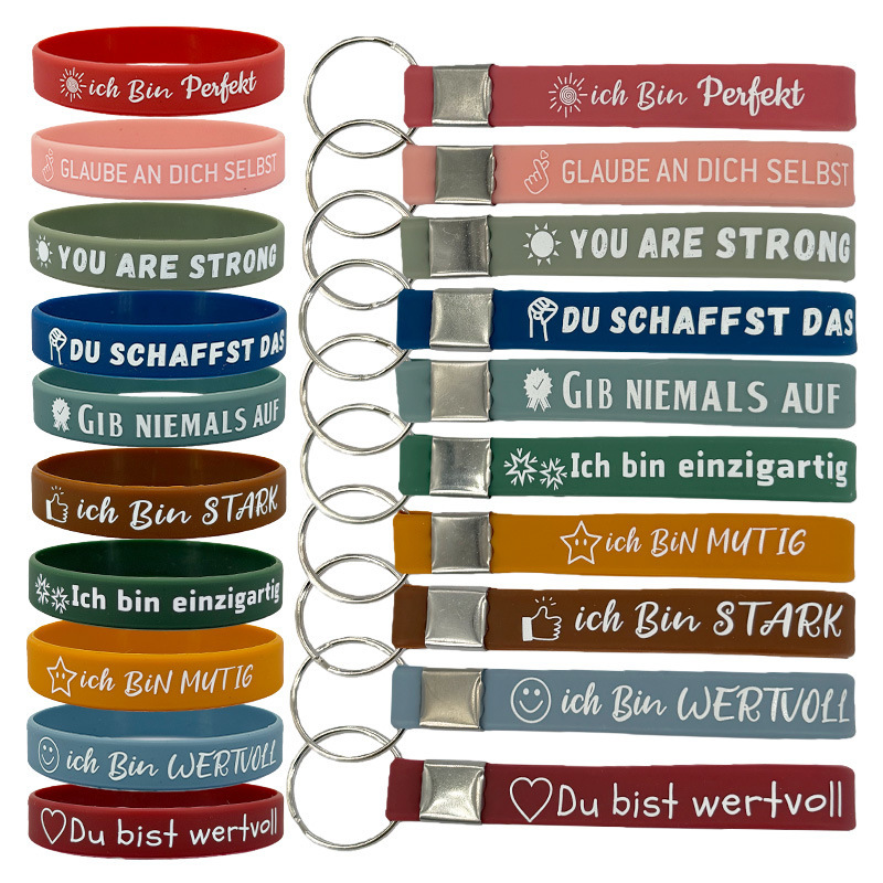 Cross-Border Hot-Selling In-Stock Items: 10 Types of German Motivational Quotes Silicone Keychains and Inspirational Silicone Bracelets for Young Students