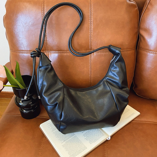 PU Commuter Shoulder Bag for Women, Maillard Style Retro Soft Doughnut Bag, Spring Fashion Pleated Underarm Bag