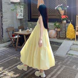 法式奶黄色v领孕妇连衣裙2024夏季新款无袖蓬蓬裙中长款宽松长裙