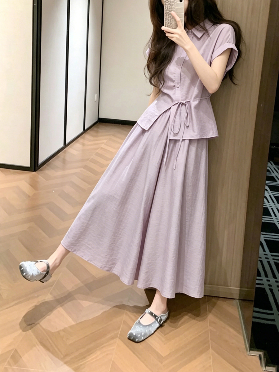 Set áo sơ mi thắt lưng và chân váy nữ mùa hè màu tím — Áo tím+nửa váy