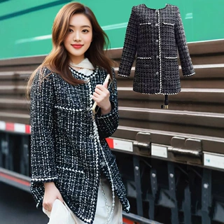 现货赵露丝许妍同款高级感黑色小香风外套女秋名媛气质中长款上衣