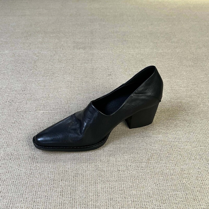 In-stock version~6cm silent chunky heel soft sole deep-cut single shoes with a vintage feel, small square toe, versatile for commuting, women's leather shoes In-stock version~6cm silent chunky heel soft sole deep-cut single shoes with a vintage feel, small square toe, versatile for commuting, women's leather shoes