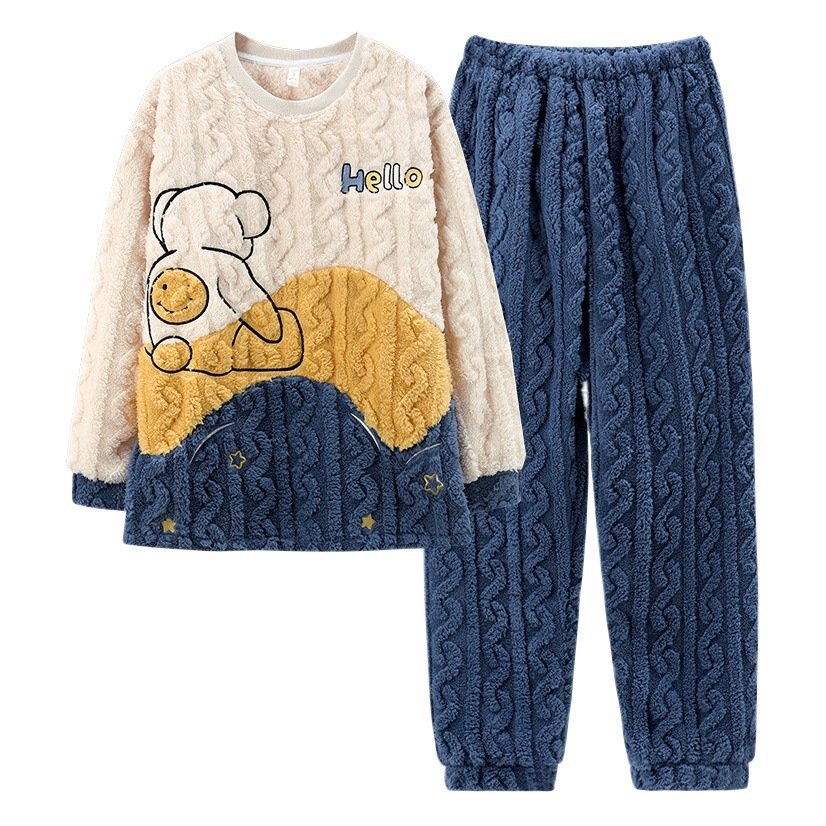 Pijamas de vellón de coral para mujer Otoño e Invierno engrosada franela forrada de vellón ropa para el hogar traje de dos piezas para mujer dibujos animados lindo