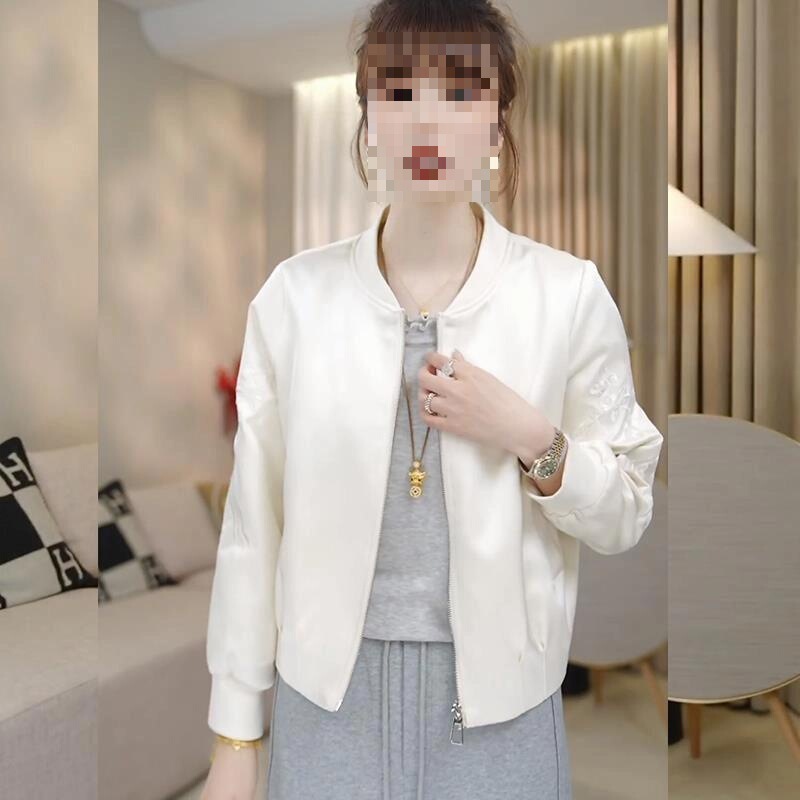 Embroidered Shimmer Satin Spring and Autumn New Fashion Short Baseball Jacket Women's Casual Slim Jacket Top