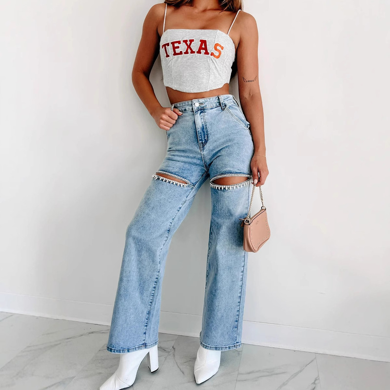 Cross-border Amazon eBay2025 New Chain Ripped Straight Jeans Washed Fashion High Waist Jeans for Women Cross-border Amazon eBay2025 New Chain Ripped Straight Jeans Washed Fashion High Waist Jeans for Women