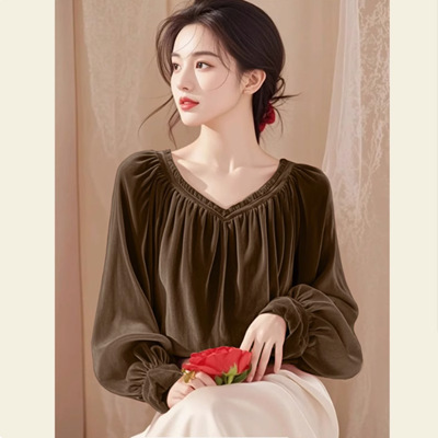 Early Autumn New Western Style Chic Beautiful Small Shirt Light Luxury Super Nice brown Velvet Shirt