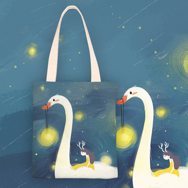新款卡通天鹅背上的鹿角女孩单肩帆布手提袋购物袋大容量单肩包