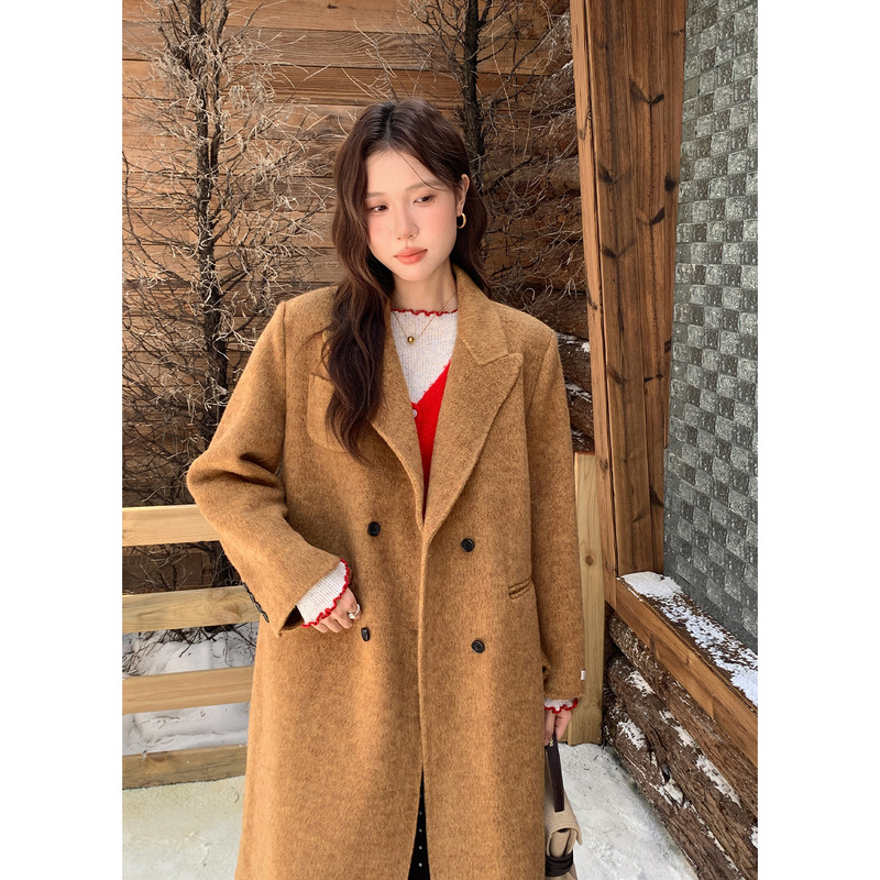 【No Returns or Exchanges】Hazelnut Latte 70 Wool Long High-End Suit Collar Double-Sided Woolen Coat for Women 0685