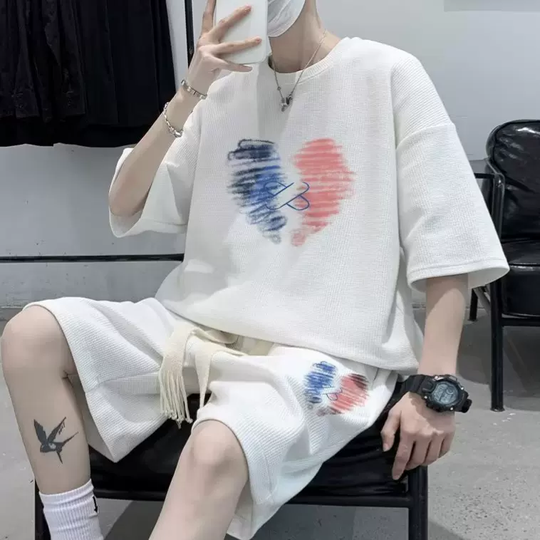 青少年男装帅气学生潮流套装夏季运动短袖t恤五分裤两件套松弛感