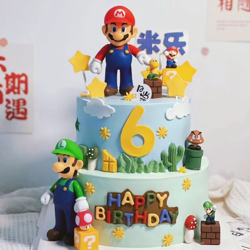 Internet Celebrity Same Style Super Mario Birthday Cake Decorative Ornaments Doll Plate Ins Style Baking Decorative Flag