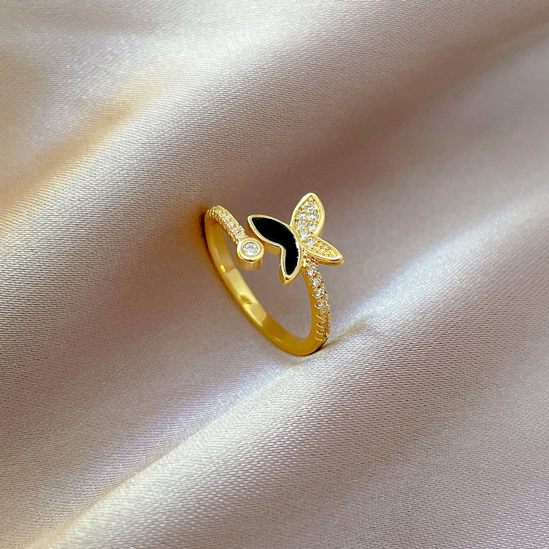 Anello a farfalla con diamanti incastonati, apertura regolabile, gioiello semplice giapponese, anello per coppie_voghion.com