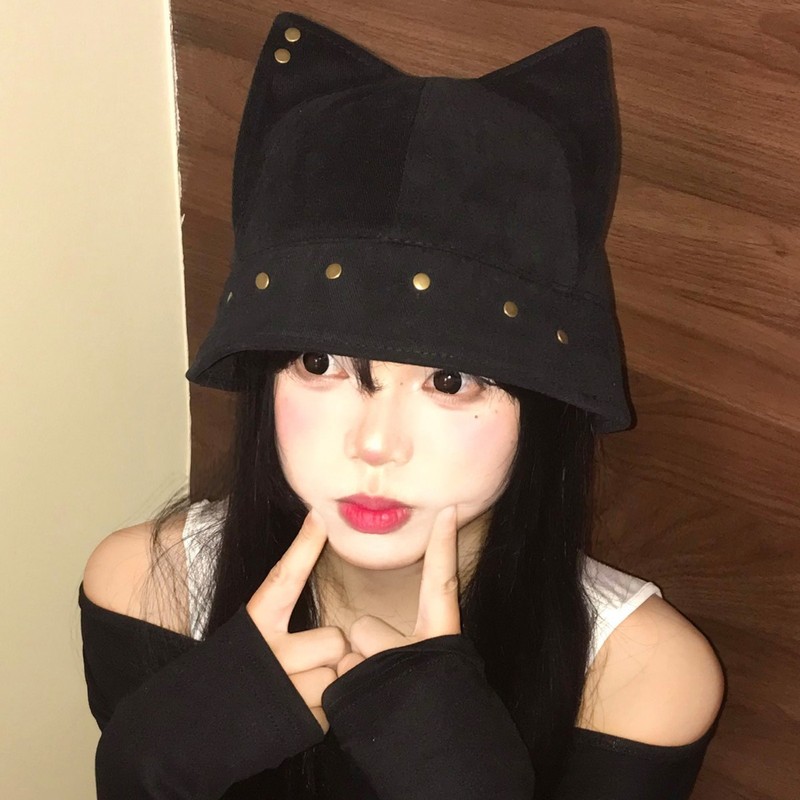 小众个性猫耳朵铆钉渔夫帽女可爱百搭盆帽大头围显脸小水桶帽子潮|undefined