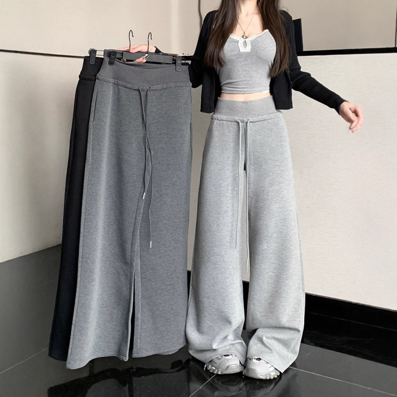 慵懒风灰色休闲裤早秋卫裤女高腰直筒裤阔腿裤长裤垂感拖地裤女|undefined