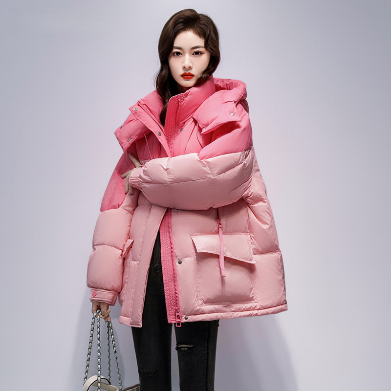 2026 Winter New Korean Style Mid-Length Cotton Jacket for Women, Fashionable Casual Slim-Fit Fluffy Color-Blocking Warm Coat