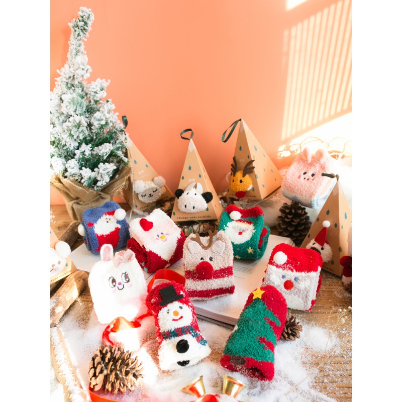 Christmas Socks Gift box In cylinder Plush Coral adult Floor socks sleep Christmas gift originality