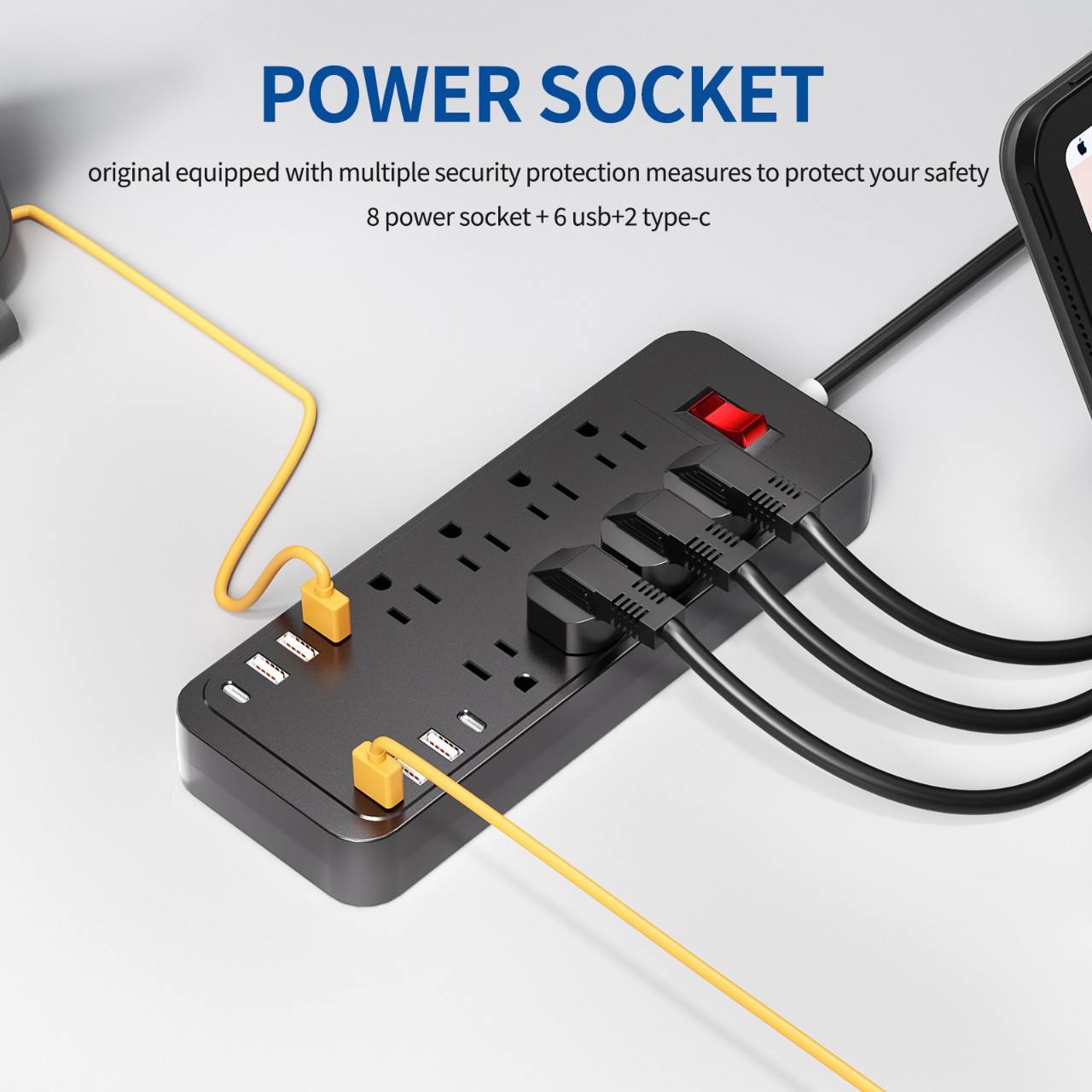 El nuevo enchufe de cableado USB doméstico transfronterizo estándar de EE. UU. Con sobretensión de 8 posiciones, enchufe estándar de EE. UU. Con enchufe de regleta de sobrecarga