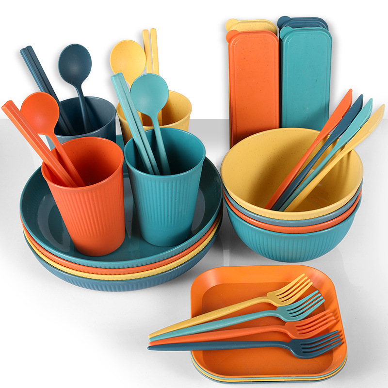 Cross-border wheat straw tableware vertical pattern bowl plate cup set of 36 pieces with knife fork spoon chopsticks portable tableware gift set