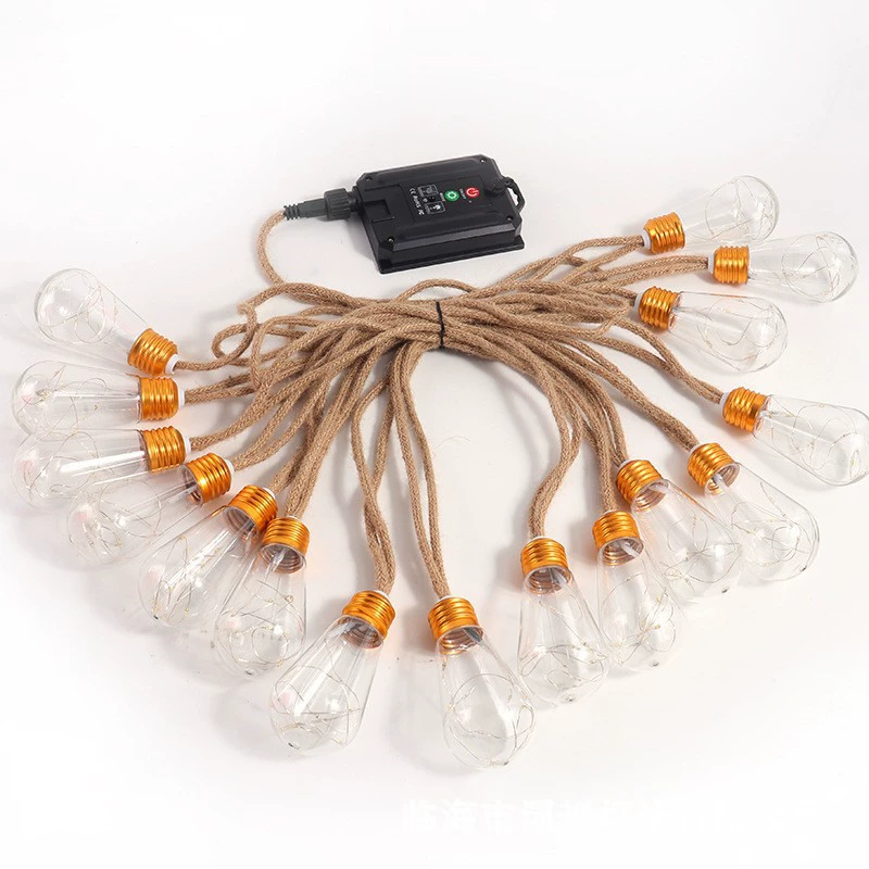 Outdoor hemp‑rope string lights, papaya warm‑white bulbs, 8 m, 16/20 bulbs, waterproof power options