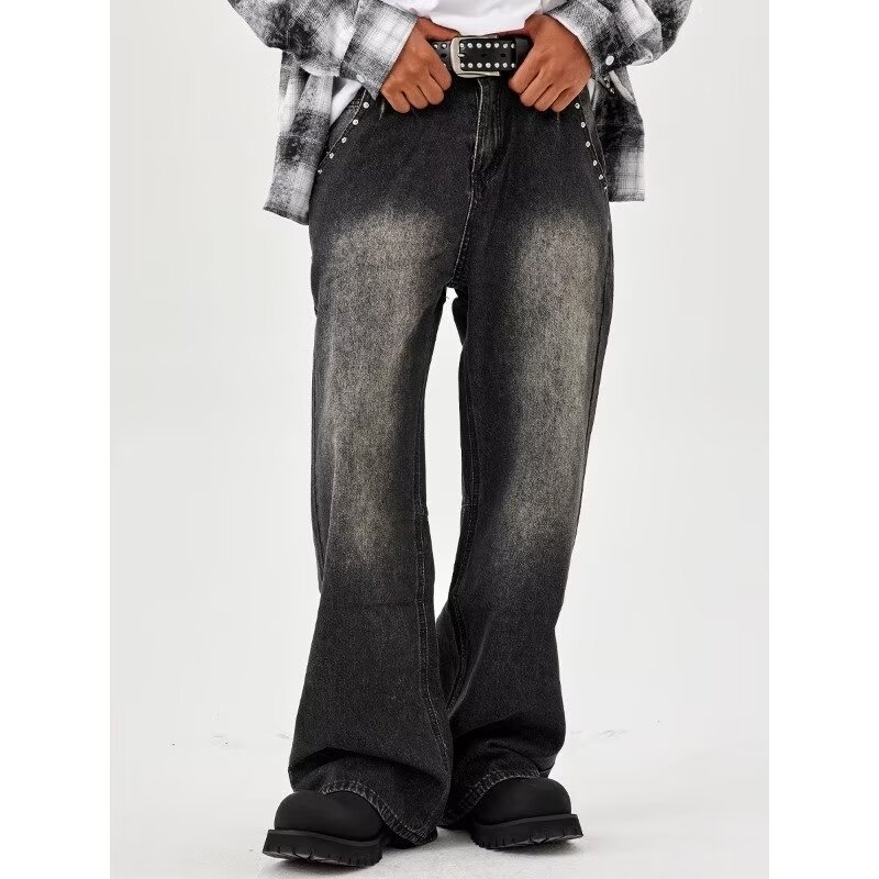 Men's Clothing retro high end rivet design washed black jeans distressed versatile loose wide leg trousers for men_ipsvogv.com