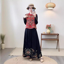 秋季缎面垂感刺绣套装复古气质马甲搭配半身裙打底衫民族风套装女