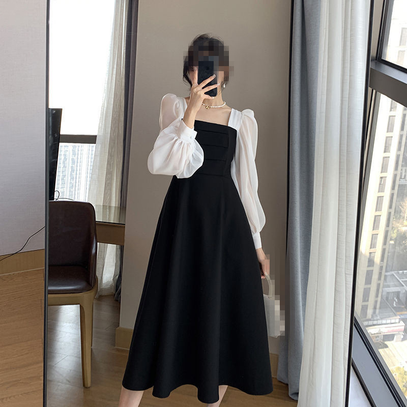 Long Sleeve Black Chiffon Dress Elegant Dress Women's New Spring and Autumn Stitching Square Collar French Dress Vintage Mesh Dress