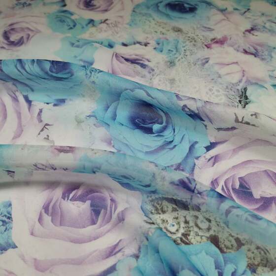 100% silk georgetto fabric flowers all over the Sky Sea 8 MMI printed fairy dress Hanfu DIY fabric
