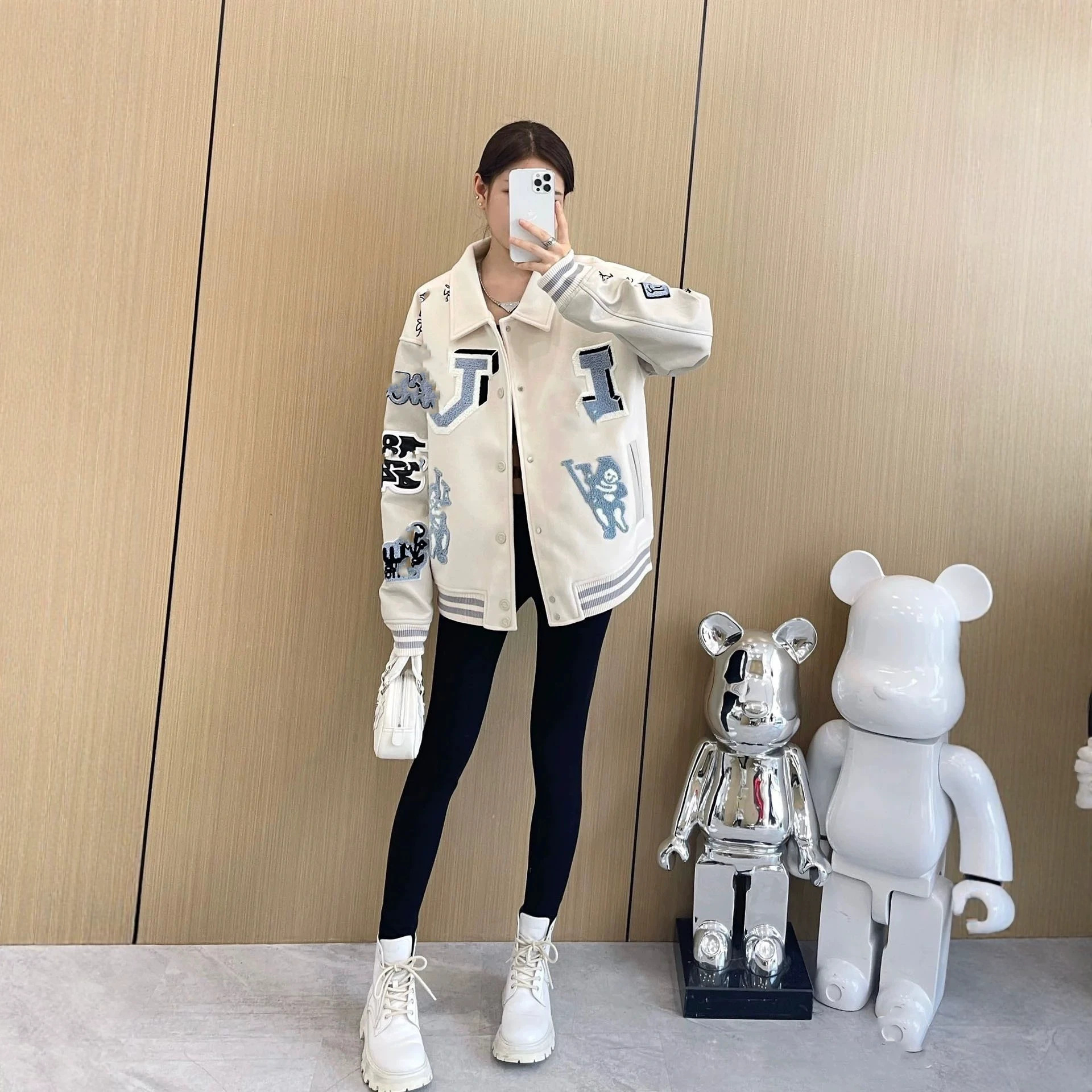 Cross-border correct version 26 autumn new heavy-duty letter embroidery loose baseball jacket with leather inserts