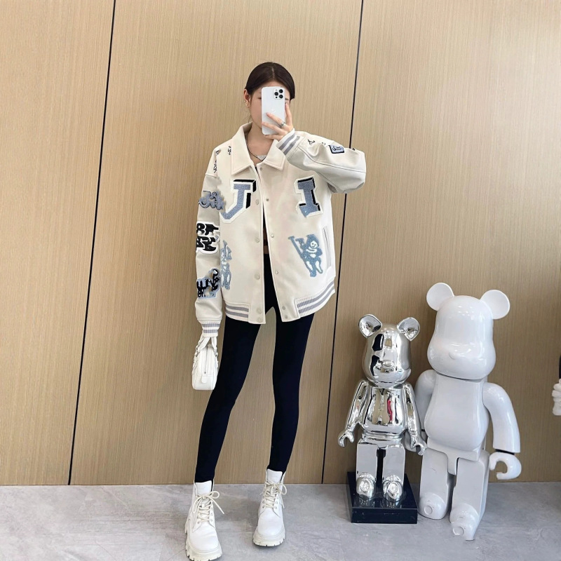Cross-border correct version 26 autumn new heavy-duty letter embroidery loose baseball jacket with leather inserts Cross-border correct version 26 autumn new heavy-duty letter embroidery loose baseball jacket with leather inserts