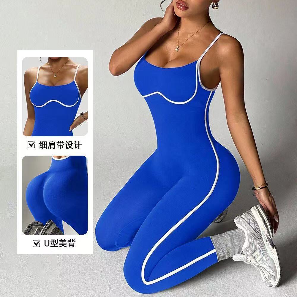 Color-Blocking European and American Cross-Border Outdoor Sports Running Shockproof Backless Waist-Cinching Sexy Base Layer Tight-Fitting Bodysuit for Women