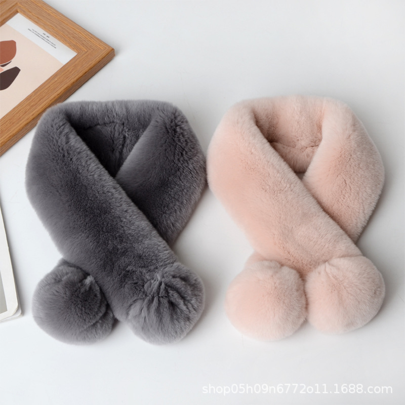 真毛兔毛围巾獭兔毛围脖女冬季保暖三管两管带球加厚懒兔毛绒皮草