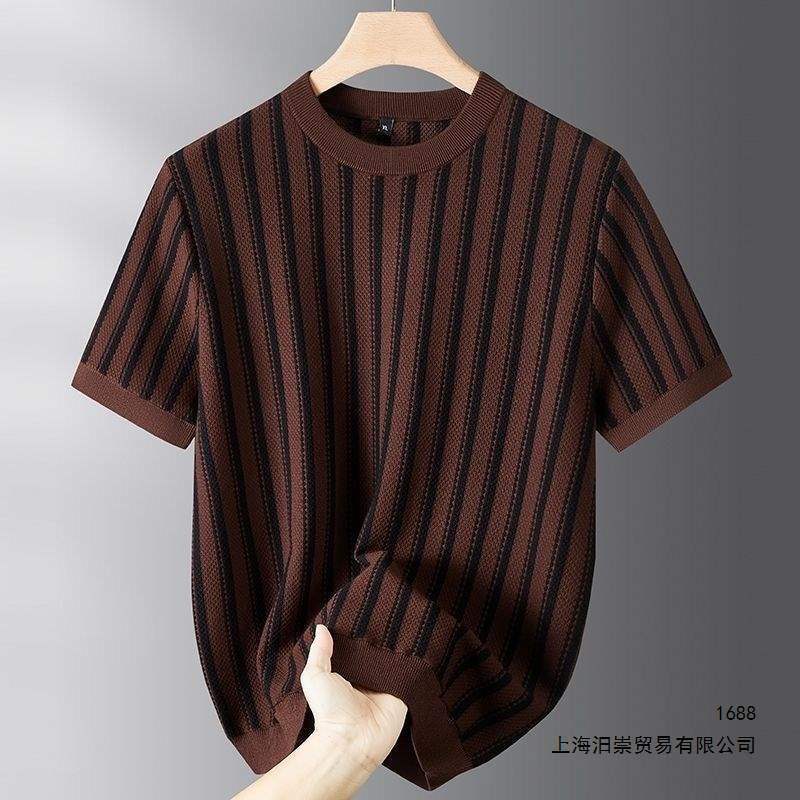 Spring and Autumn Old Money Style Striped Jacquard Short-Sleeve Knit Sweater for Men, Casual Versatile Round Neck Plus-Size Half-Sleeve Sweater Spring and Autumn Old Money Style Striped Jacquard Short-Sleeve Knit Sweater for Men, Casual Versatile Round Neck Plus-Size Half-Sleeve Sweater