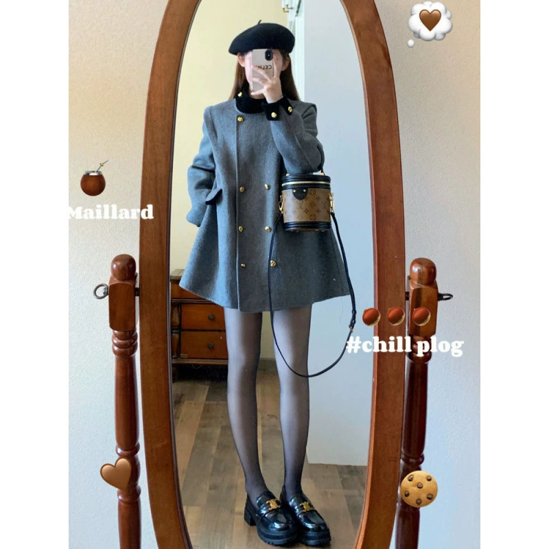 молодая французская шерстяная верхняя одежда в стиле ретро для женщин зимой, высококачественная, очень красивая и серая шерстяная верхняя одежда с высоким воротником в западном стиле