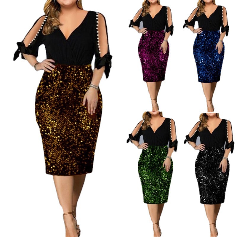 2022 European and American New Amazon ebay European Station V-neck Personalized Sequin Design Large Size Women's Dress