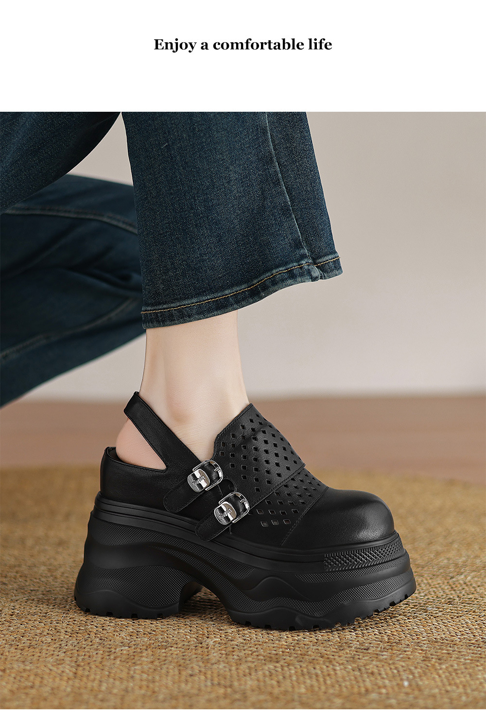 Sandal cao gót nữ đế xuồng 12cm bít mũi hở gót phong cách La Mã — Màu đen, Màu trắng chi tiết 9