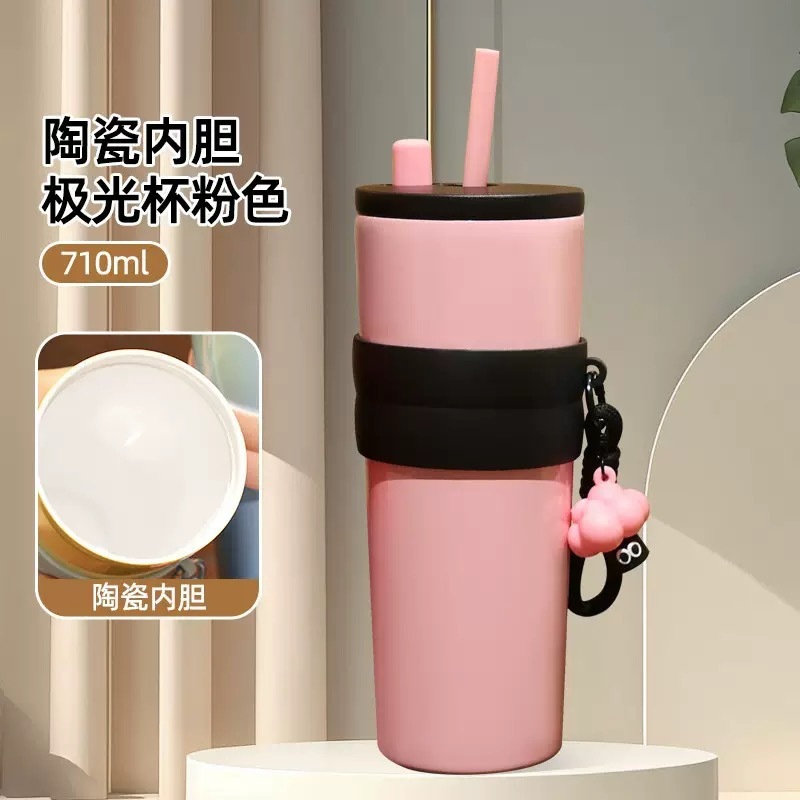 新款高颜值大容量不锈钢保温杯冰霸杯带提绳渐变吸管杯子车载水杯|undefined