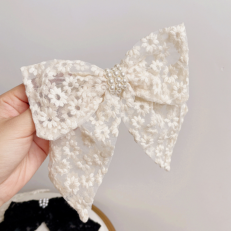 Korean Retro Fabric Lace Pearl Bow Spring Clip display picture 6