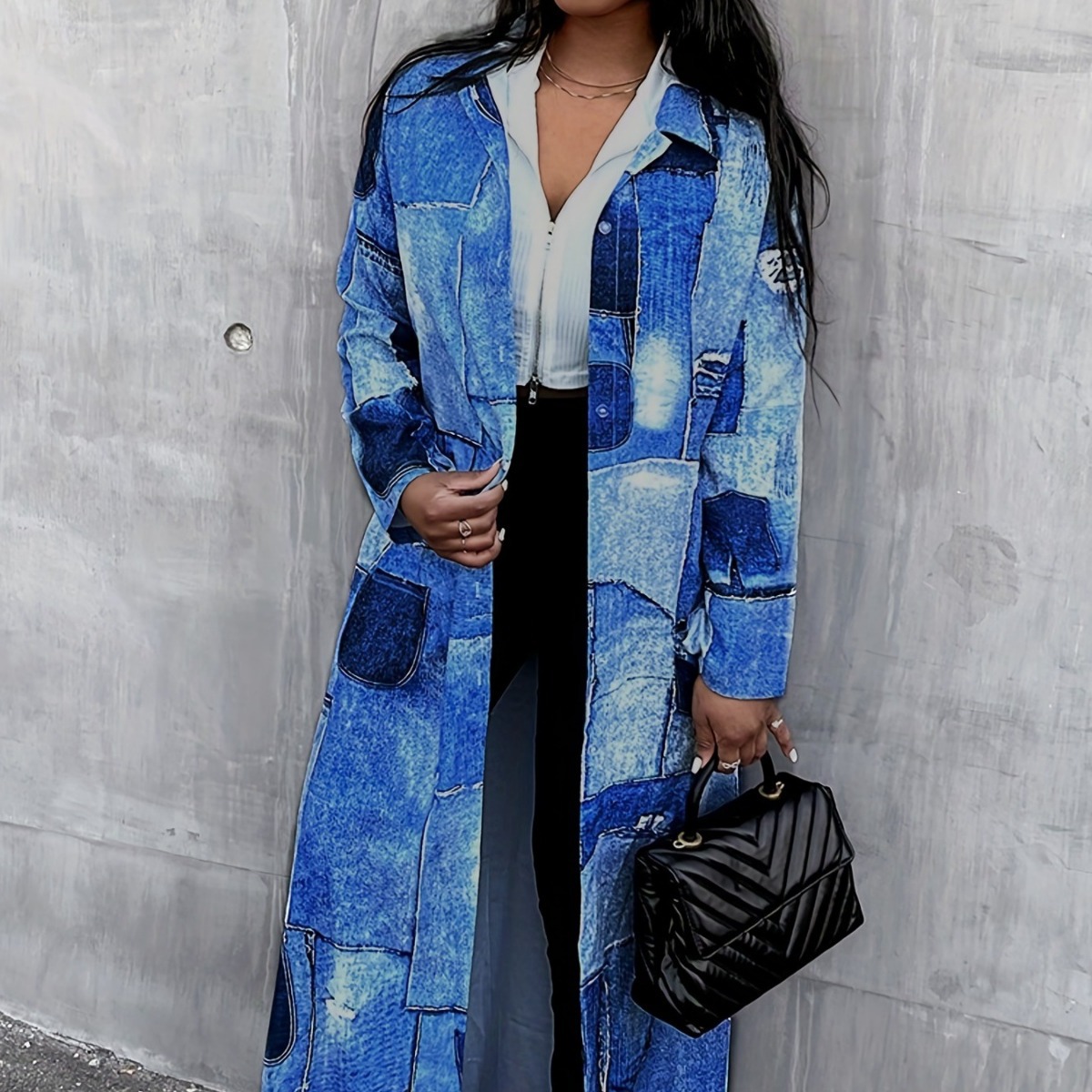 Damen-Trenchcoat in Übergröße mit farblich abgesetztem Denim-Print – Modisch, vielseitig, für Frühling und Herbst – Bestseller_voghion.com