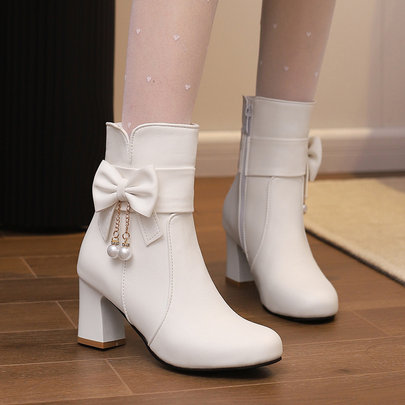 Sweet Bow Chain Lady Leather Boots with Beaded Knight Boots, Short Boots with Chunky High Heels, Sizes 28-43, Export Boots