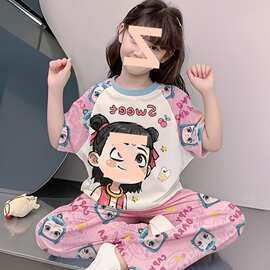儿童睡衣女童夏季冰丝凉感短袖长裤家居服套装洋气小女孩卡通上衣
