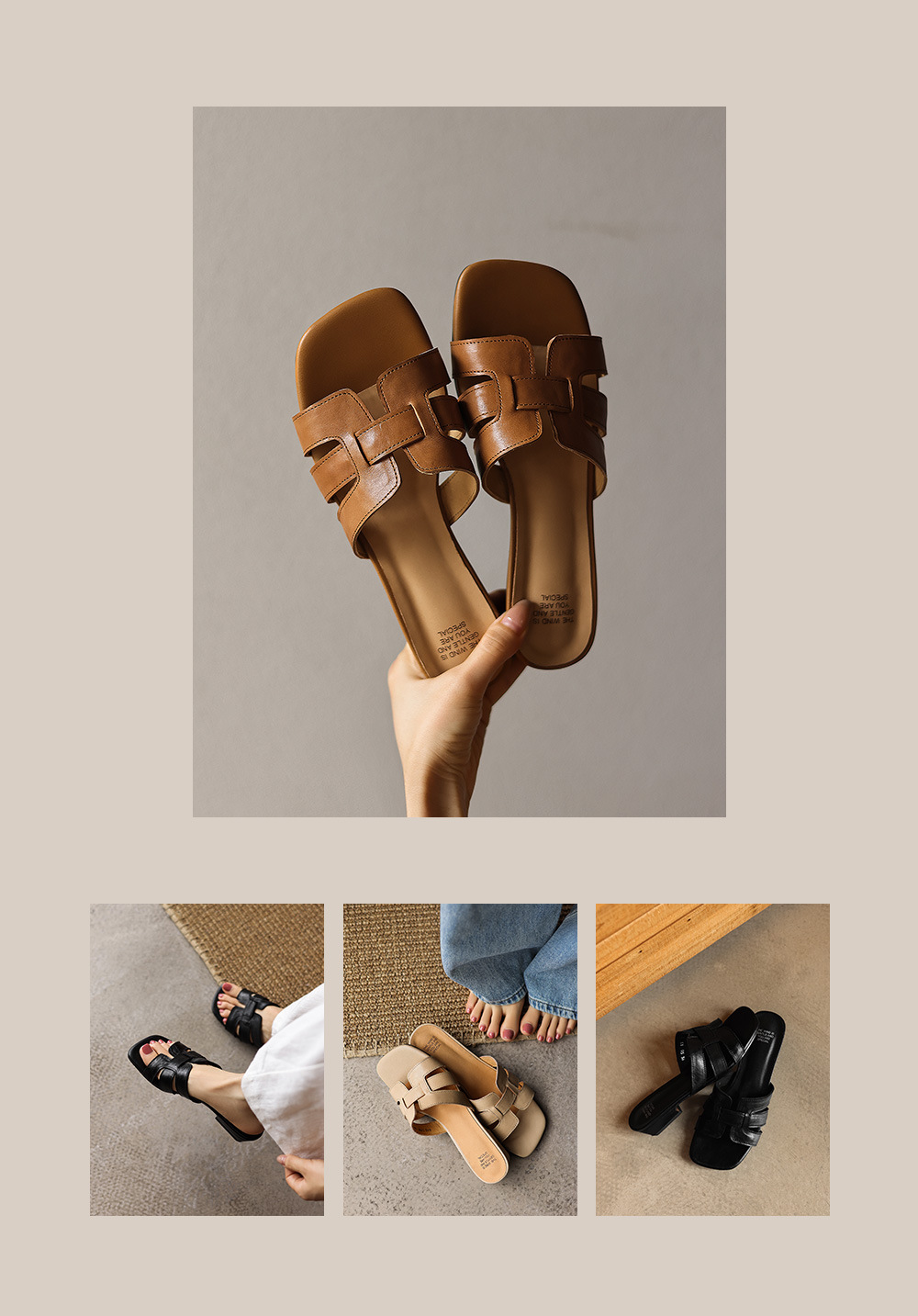 Sandal nữ da bò gót vuông thấp mũi vuông hở ngón phong cách Hàn Quốc — đen chi tiết 2