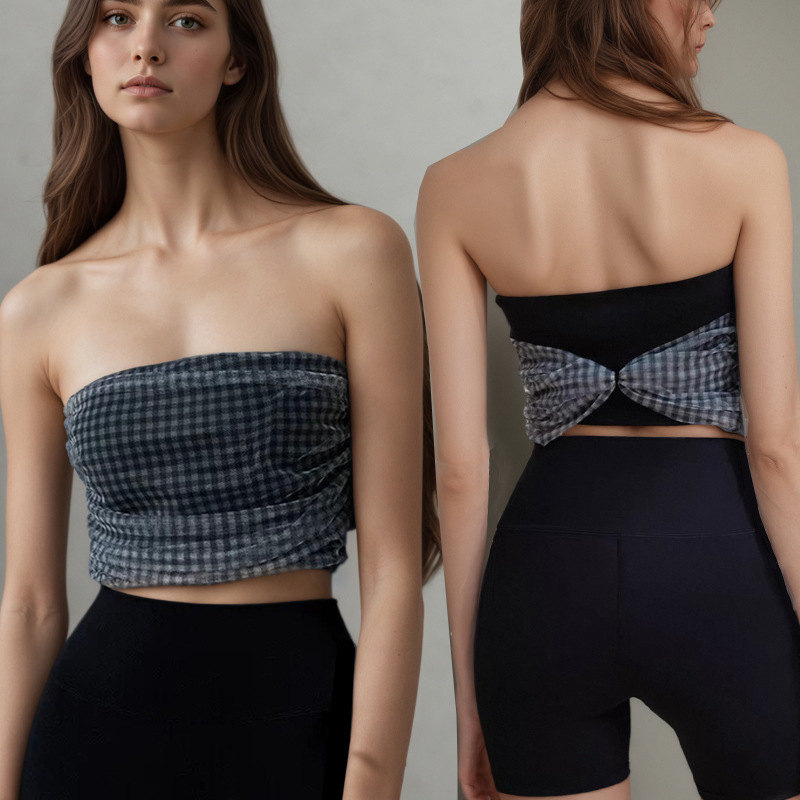 Yoga Vest for Women with Chest Pad Plaid Mesh Sports Fitness Training Tube Top High Waist Quick-Drying Three-Point Shorts Suit