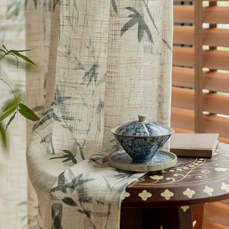 202 new linen curtain gauze curtain new Chinese landscape Zen tea room rich bamboo transparent opaque screen curtain