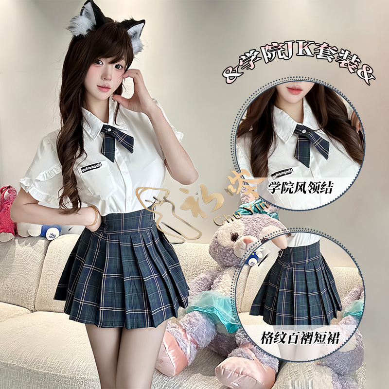 Sexy Lingerie Student Outfit Jk Preppy Style Sexy Uniform Suit Girl Style Pattern Pleated Skirt Lace Shirt