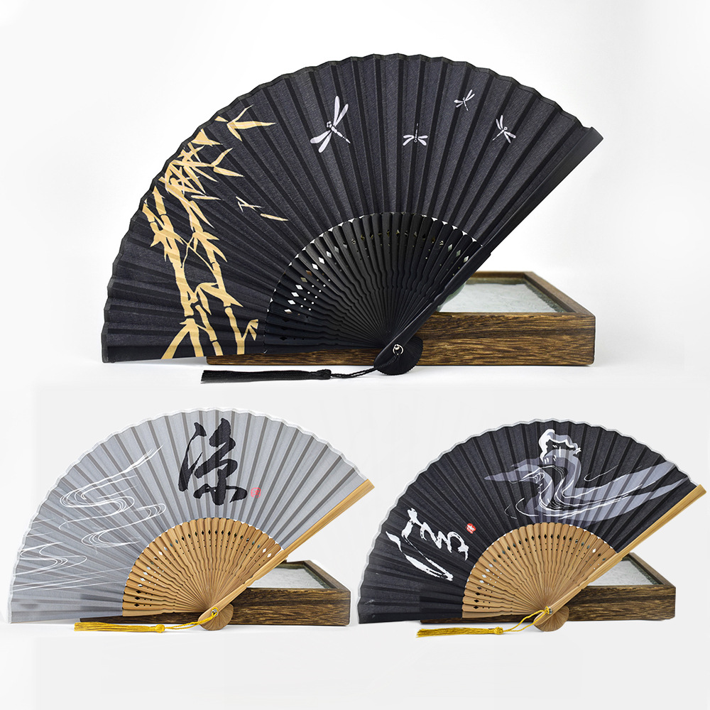Estilo japonés ventilador plegable estilo chino Zen bambú mango kimono ventilador poliéster algodón ventilador libélula tinta concepción artística vacía fresco