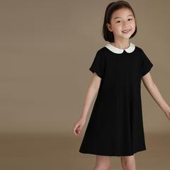 子供服の夏の新型の女の子の日本の気質のシンプルな子供の襟の黒い半袖のワンピースの王女のスカートの洋気