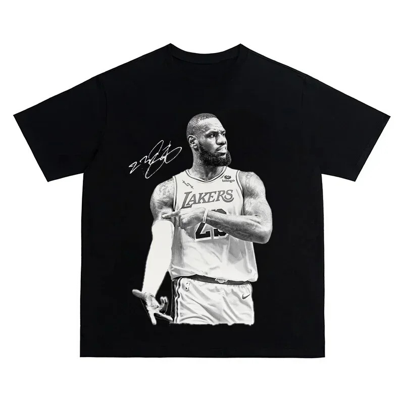 2026 New Model Lebron James Basketball Pure Cotton T-Shirt - Black Original American Streetwear, Loose Fit